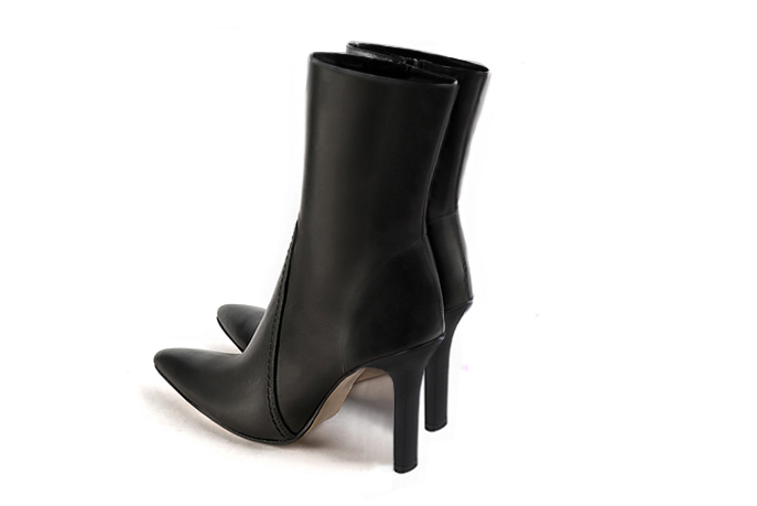 Satin black women's ankle boots with a zip on the inside. Tapered toe. Very high slim heel. Rear view - Florence KOOIJMAN